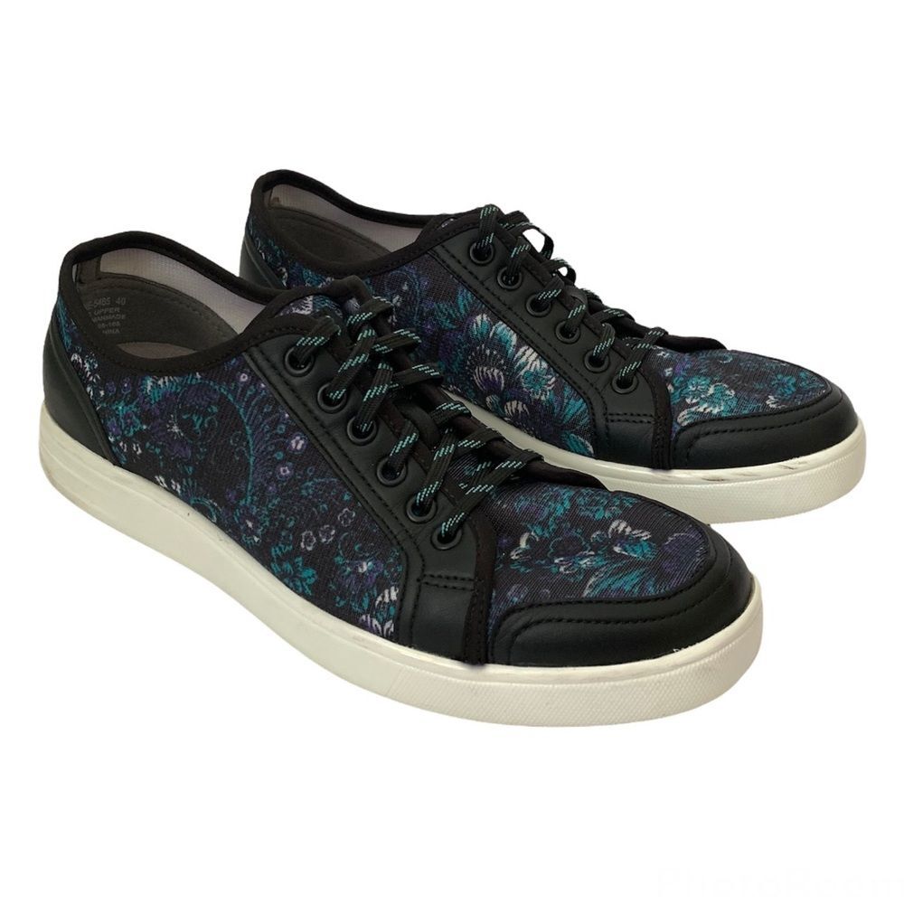 Alegria Floral Pattern Low Top Sneakers in Black, Teal, Purple, Size 9.5